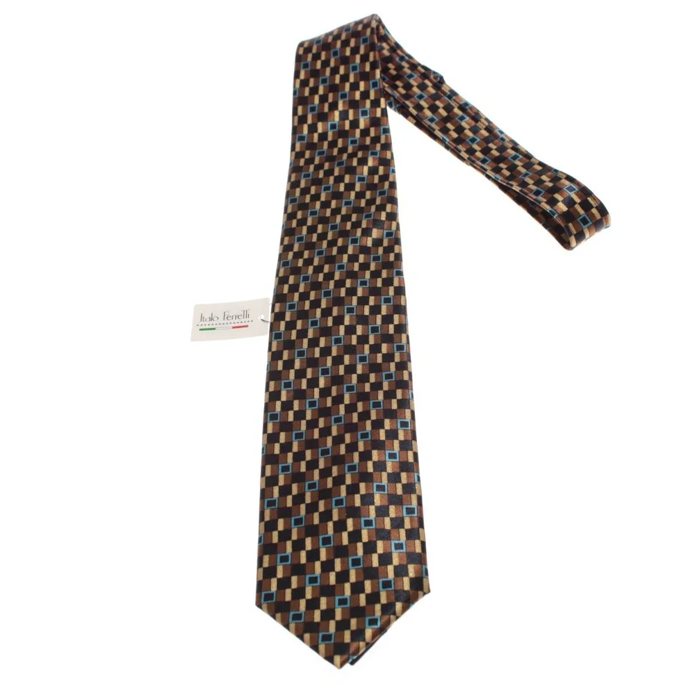 Italo Ferretti NWT Neck Tie in Browns & Blues Geometric Print 100% Silk